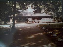 Rustic wooden lodge surrounded by trees with vintage 1950s cars on a gravel driveway.