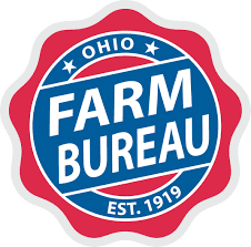 Ohio Farm Bureau red white and blue circular logo emblem with Farm Bureau text