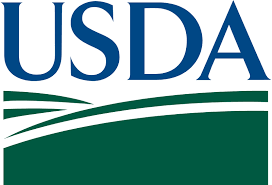USDA logo with blue letters and green farmland lines symbolizing agriculture and sustainability.