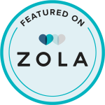 Featured on Zola badge with heart logo for trusted wedding vendors and partnerships.