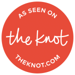 As Seen On The Knot red-orange wedding badge logo for featured vendors and businesses.