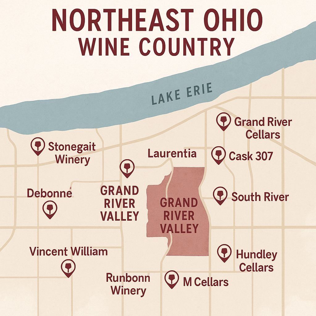 Map of Northeast Ohio’s Grand River Valley wineries near Lake Erie for wine tourism.