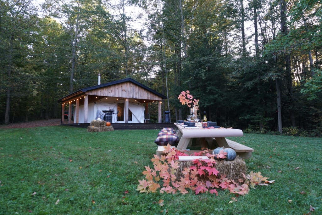 Rustic autumn picnic table with pumpkins and leaves near a cozy woodland pavilion.