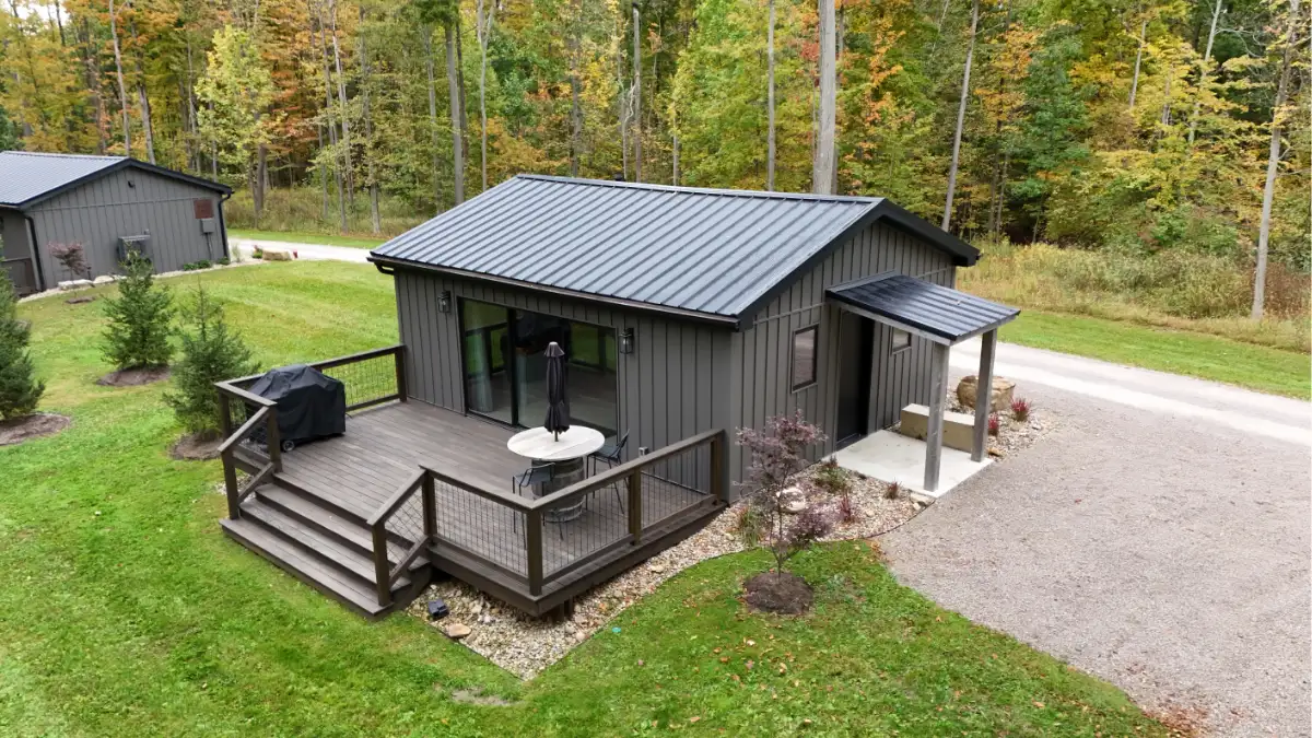 On-site lodging cabin at Standing Rock Farms Ohio with hot tub and fire pit