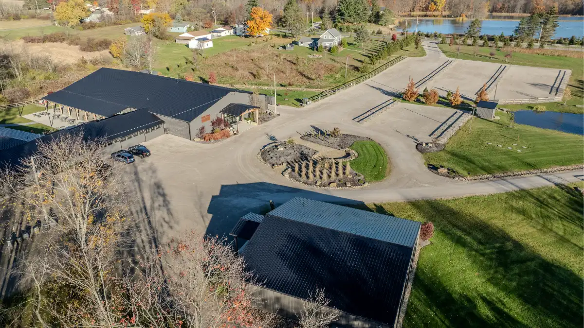 Aerial Wedding venue with on-site lodging in Ohio at Standing Rock Farms Madison