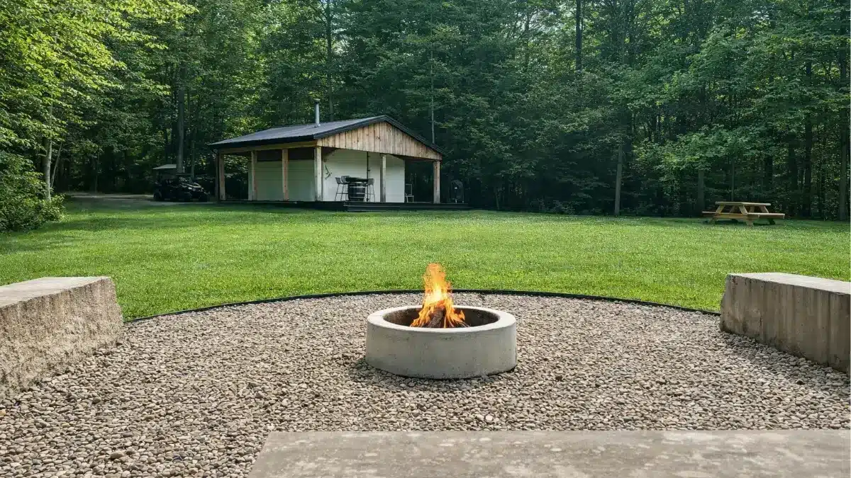 Standing Rock Farms glamping tent exterior with stone fire pit and forest surroundings near Madison Ohio