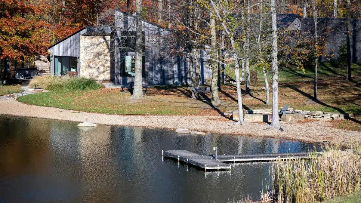 Lakeside Chalet at Standing Rock Farms on Canoe Lake in fall near Madison Ohio Grand River Valley