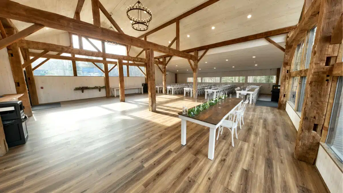 The Ceremony Barn at Standing Rock Farms indoor elopement venue Madison Ohio live edge benches